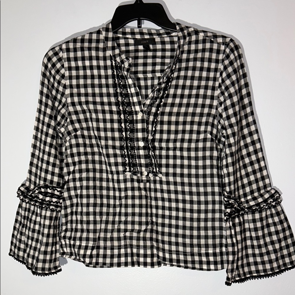 J. Crew Black and‎ White Checkered Blouse with ruffles tunic 100% cotton size 6